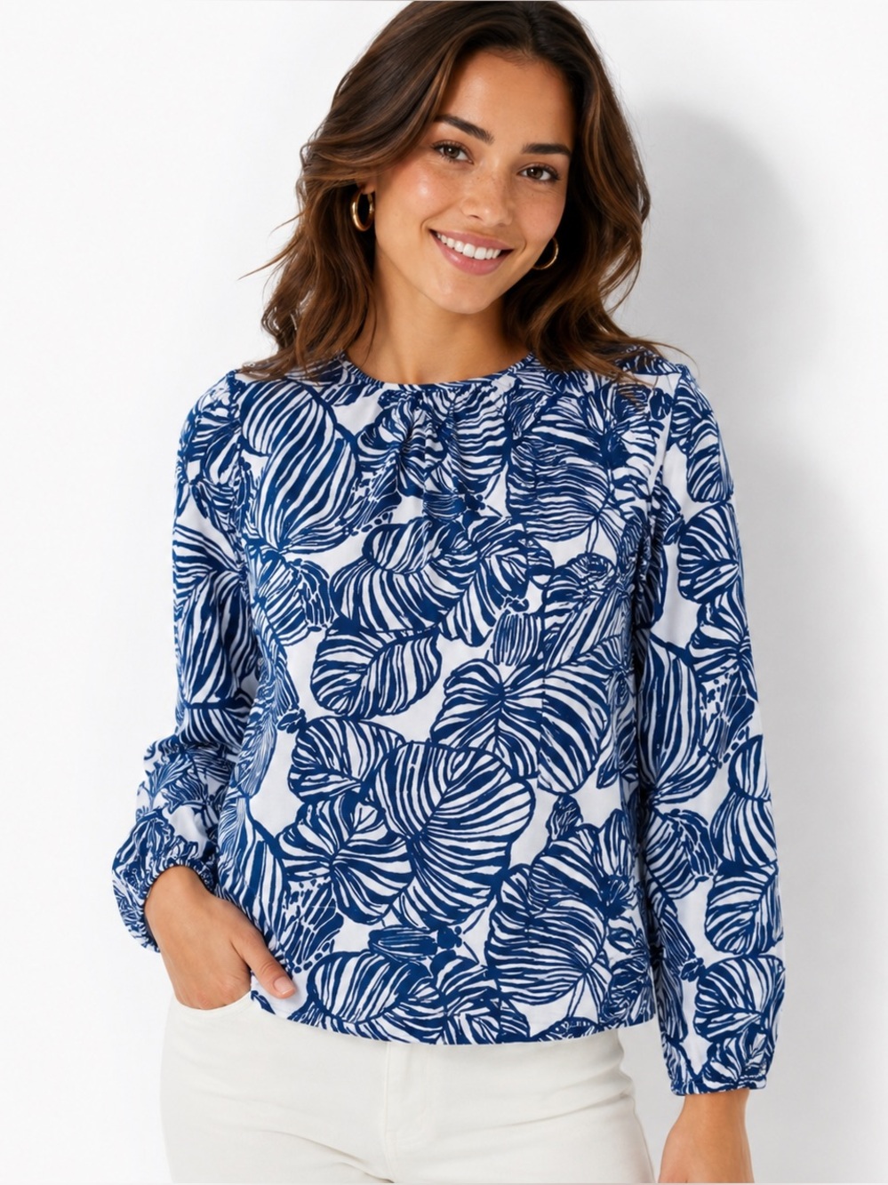 Lilly Pulitzer Rilynn Long Sleeve Top Blue White Tropical Print XL Palm Leaf